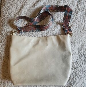 Cream Crossbody Bag with Patterned Strap